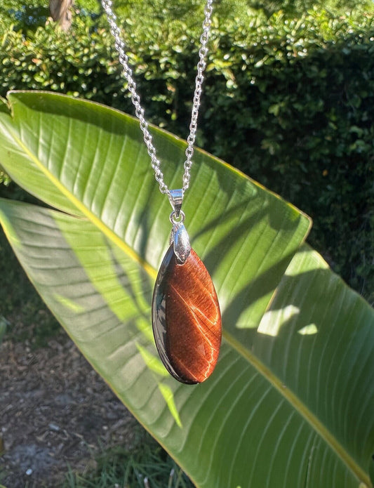 Red Tiger Eye Teardrop Pendant Necklace