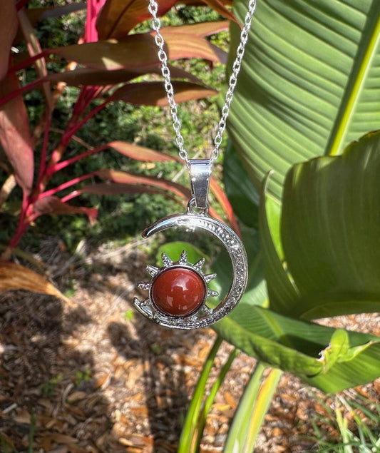Red Jasper Crescent Sun Pendant Necklace