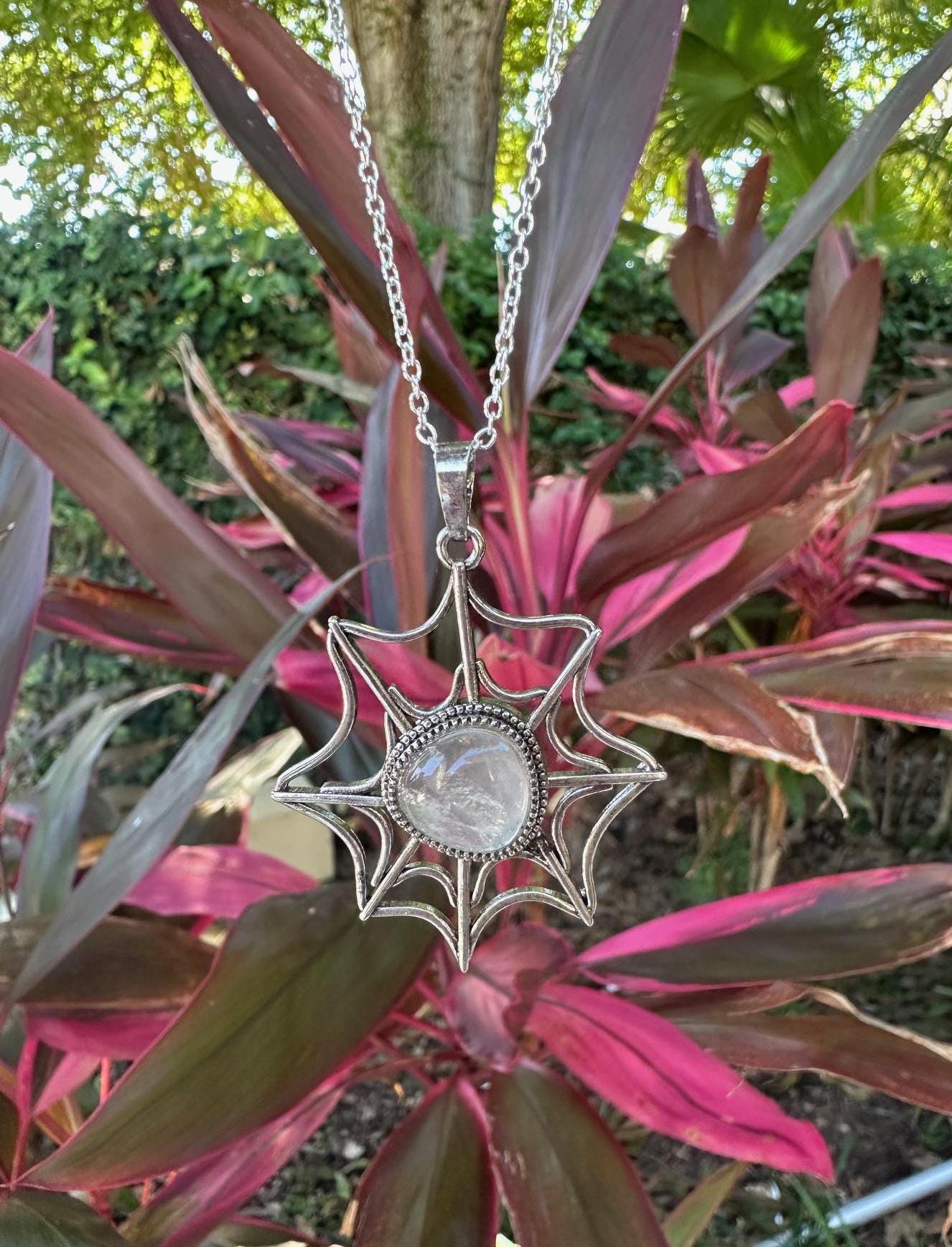 Clear Quartz Spider Web Pendant Necklace