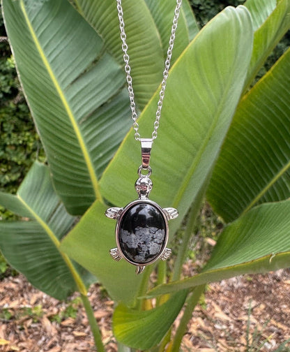 Snowflake Obsidian Turtle Necklace