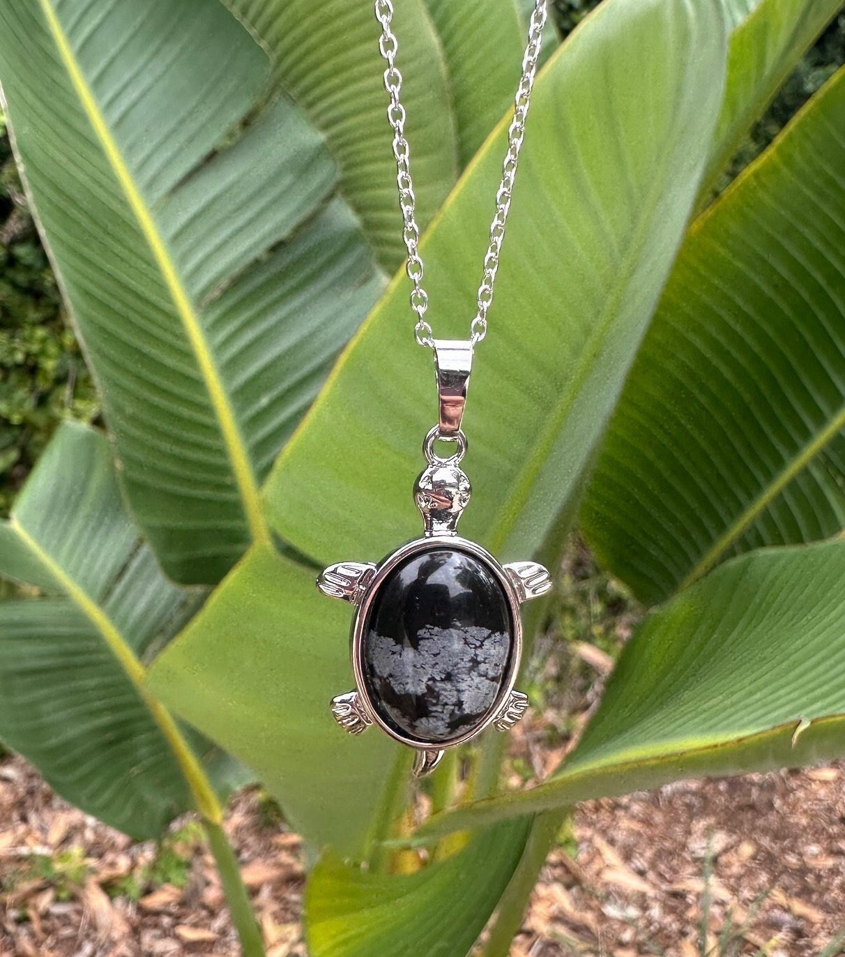 Snowflake Obsidian Turtle Necklace