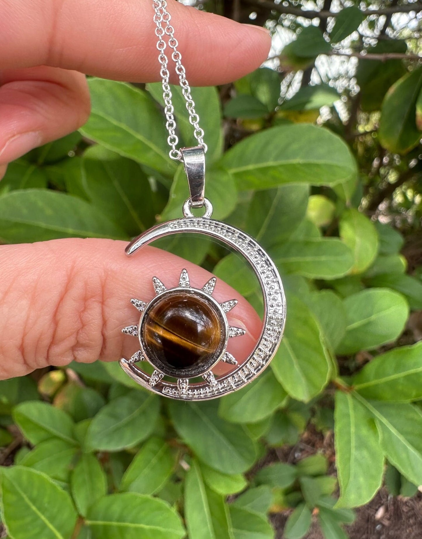 Tiger Eye Crescent Sun Pendant Necklace