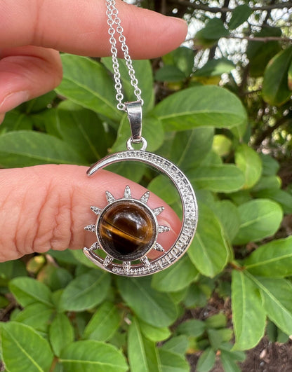 Tiger Eye Crescent Sun Pendant Necklace