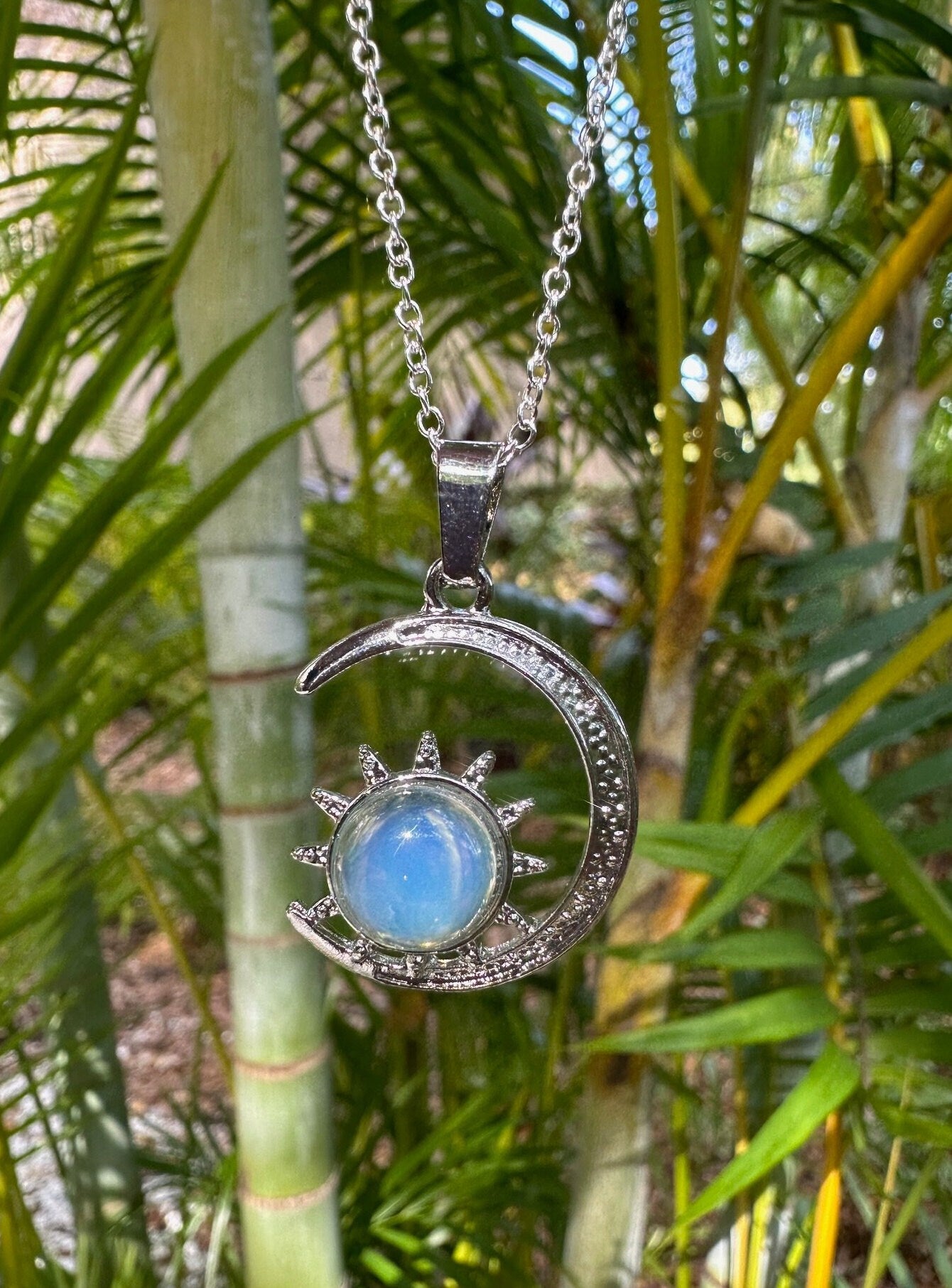 Opalite Crescent Sun Pendant Opalite Necklace Man Made Encased Crystal