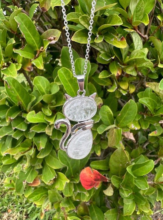 Large Clear Quartz Cat Pendant Necklace