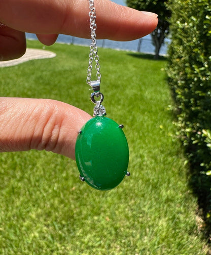 Green Jade Oval Pendant Dyed Green Jade Oval Pendant Man Made Encased Necklace