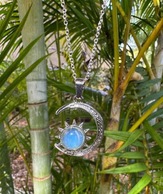 Opalite Crescent Sun Pendant Opalite Necklace Man Made Encased Crystal