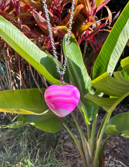 Pink Stripe Agate Heart Pendant Necklace