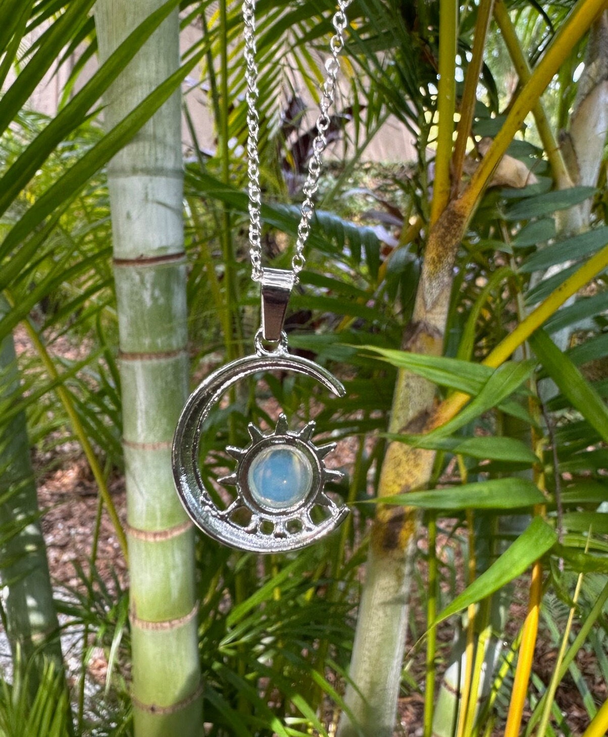 Opalite Crescent Sun Pendant Opalite Necklace Man Made Encased Crystal