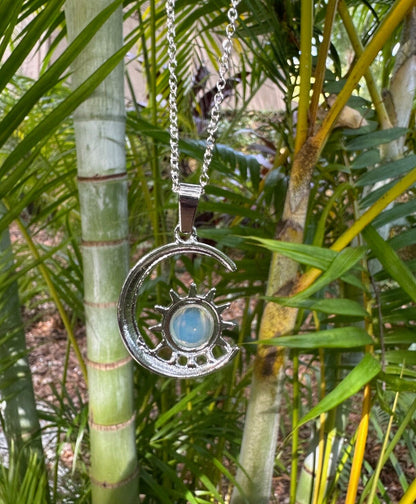Opalite Crescent Sun Pendant Opalite Necklace Man Made Encased Crystal