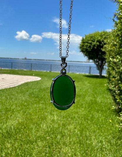 Green Jade Oval Pendant Dyed Green Jade Oval Pendant Man Made Encased Necklace